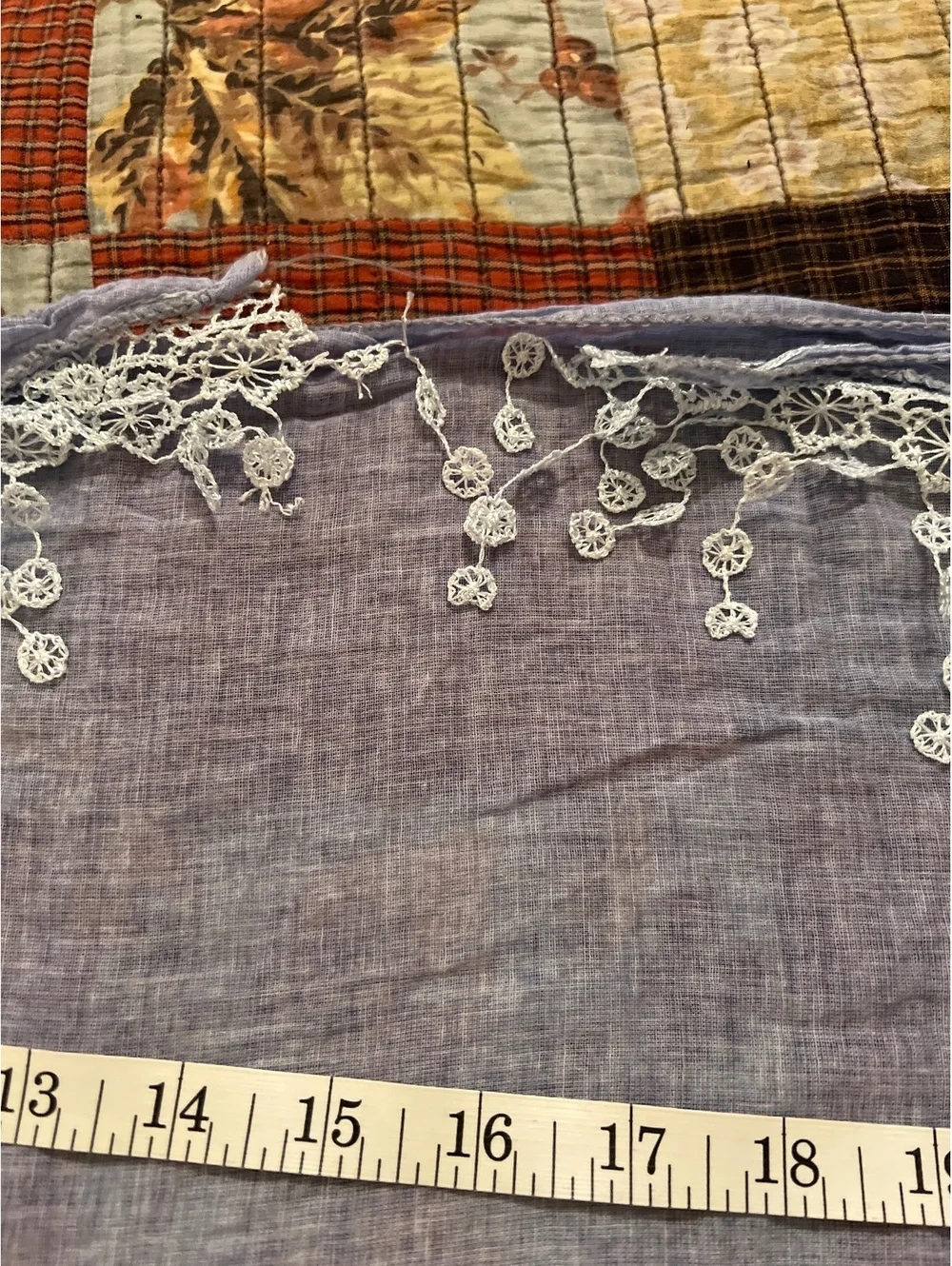 Vintage Blue Shawl with White Crochet Lace Trim